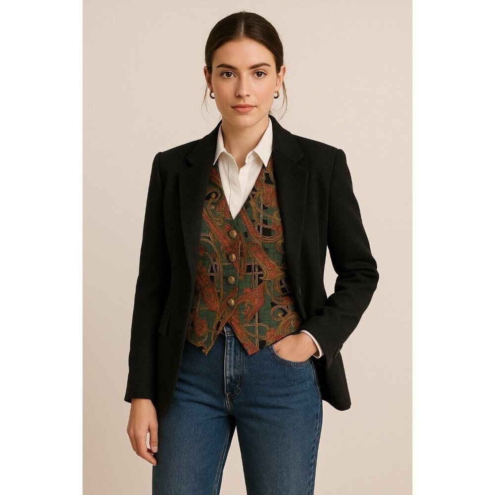 Vintage 90s Womens Vest XS Green Red Paisley Plaid Equestrian Old Money Preppy